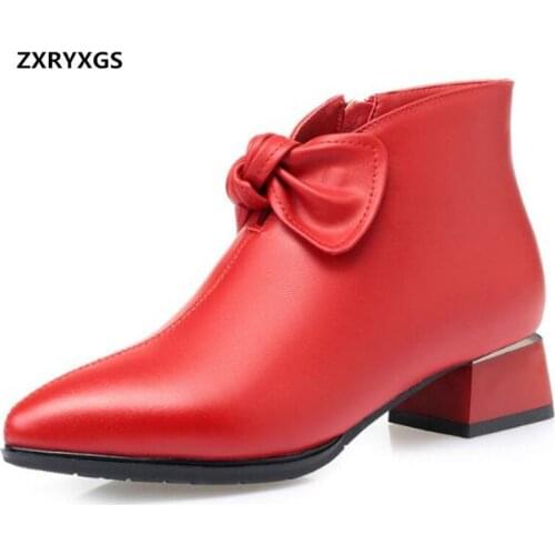 2020 New Pointed Bow Autumn Winter Boots Fashion Boots Comfort Thick Heel Full Genuine Leather Boots Women Shoes Boots Plus Size