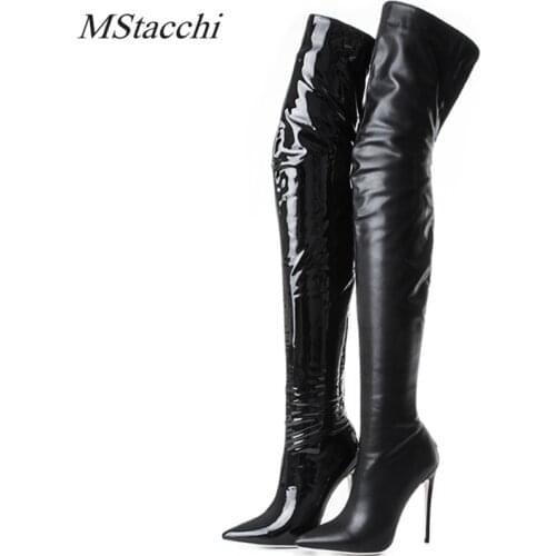 Mstacchi New Style Black Women Boots Solid Color High Quality PU Pointed Toe Ladies Boots Zipper Back Sexy Over The Knee Boots