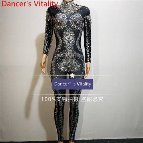 Women DJ Pole Dancing Black Slap-up Diamond-encrusted False Perspective Stretch Long Catsuit Adult Bar Party Singer Stage Wear