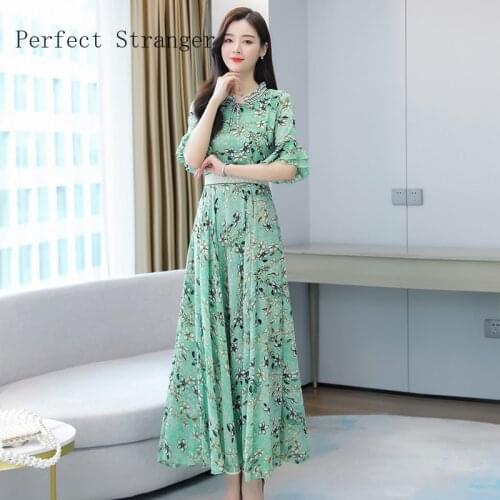 High Quality 2021 Summer Dress For Women Bow Collar Floral Printed Short Sleeve Women Chiffon Long Dress