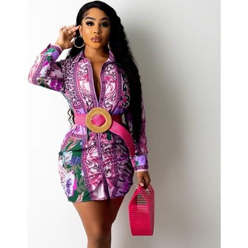 Pattern Printed Buttons Shirt Dress Women Elegant Vintage Turn-down Collar Long Sleeve Mini Dress Club Wear Bodycon Party Dress