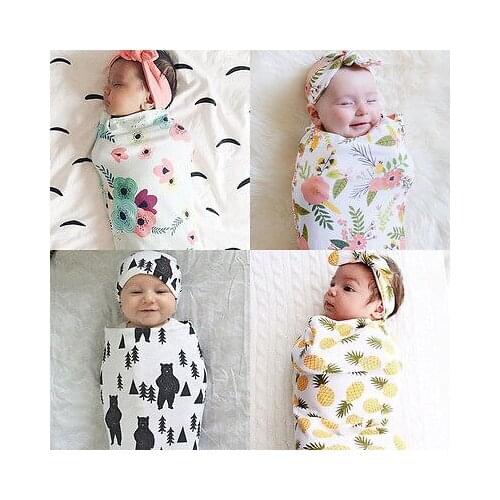 2019 Newborn Kids Baby Girls Boys Floral Swaddle Blanket Baby Sleeping Swaddle Muslin Wrap+ Headband Set Size 65CMX29CM