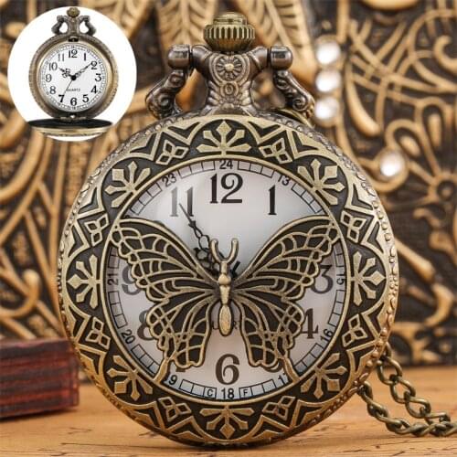 Butterfly Hollow-Out Cover Design Women Arabic Pocket Watches Quartz Analog Clock Retro Bronze Long Chain Pendant Watch Present
