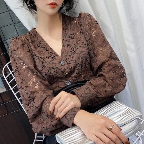 Blouse Women V-neck Puff Sleeve Lace Shirt Womens Loose Hollow Top Blusas Ropa De Mujer
