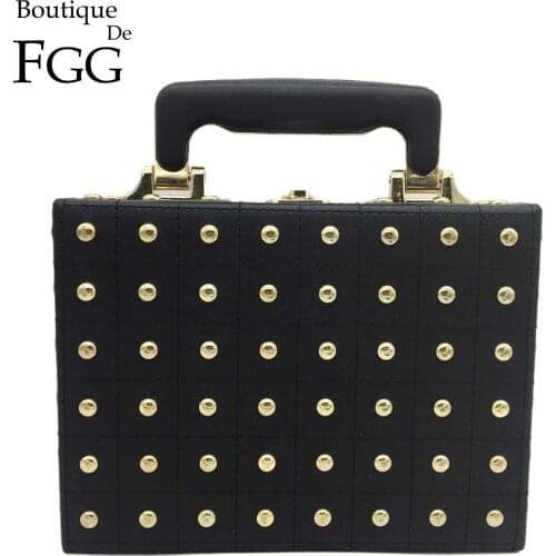 Boutique De FGG Vintage Rivets Women Black Shoulder Handbags Faux Leather PU Box Totes Crossbody Bag