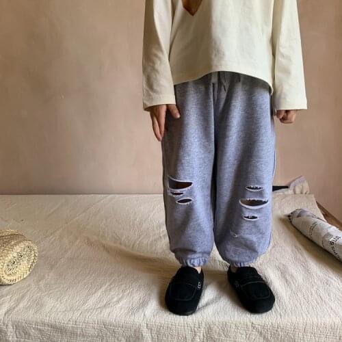 Korean Style Children 2021 Autumn New Boys and Girls Ripped Hip Hop Sweatpants Childrens Solid Color Loose Casual Pants Fashion