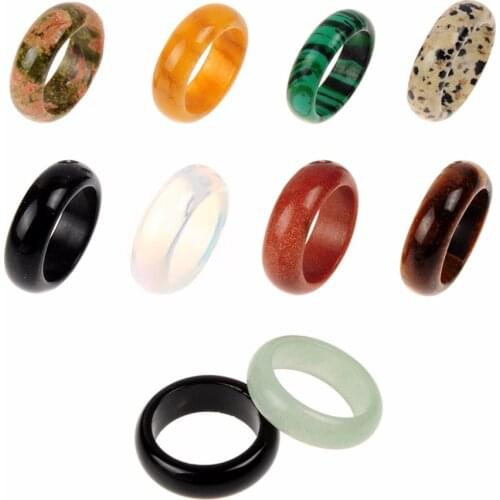 Druzy 8mm Wide Random Colors Natural Black Yellow Crystal Unakite Malachite Green Stone Lucky Ring Jewelry for Male Female