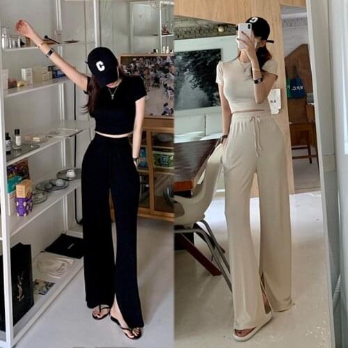 Summer new style web celebrity elastic handsome line feeling show thin short sleeve T vertical feeling wide leg trouser suit
