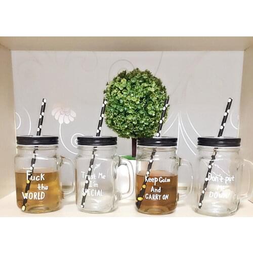 New 450ml Mason Bottle Net Red Handle Glass Bottle Silk Screen Handle Cup With Lid Milk Tea Beverage Bottle