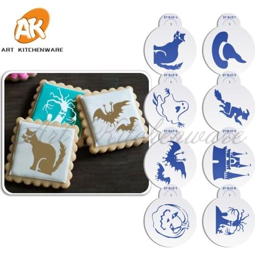 New 8pcs Halloween Stencil Set for Cake Decoration,Ghost Design Cookie and Cupcake Stencil, Plastic Cake Stencil ST-842