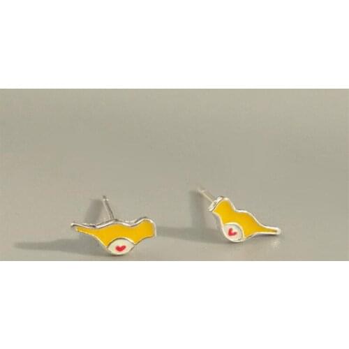 New Sweet Beautiful Cute Bird Fashion 925 Sterling Silver Jewelry Epoxy Yellow Bird Red Heart Female Stud Earrings SE569