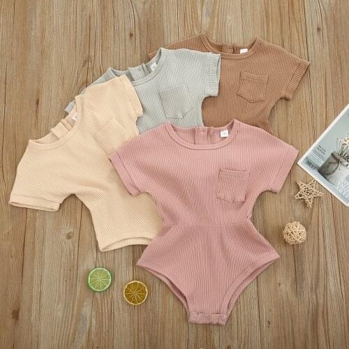 0-24M Babes Girls Solid Romper Soft Cotton Infant Boys Short Sleeve Playsuits Summer Clothing Outfits
