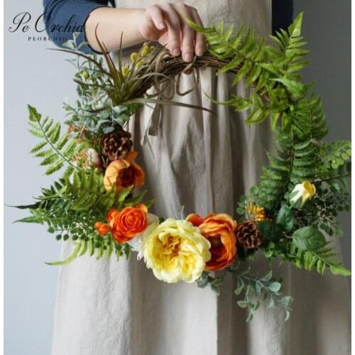 PEORCHID 2020 Orange Yellow Wedding Bouquet Peony flower Wreath Portable Garland Hanging Decor Bride Hand Holding Flowers