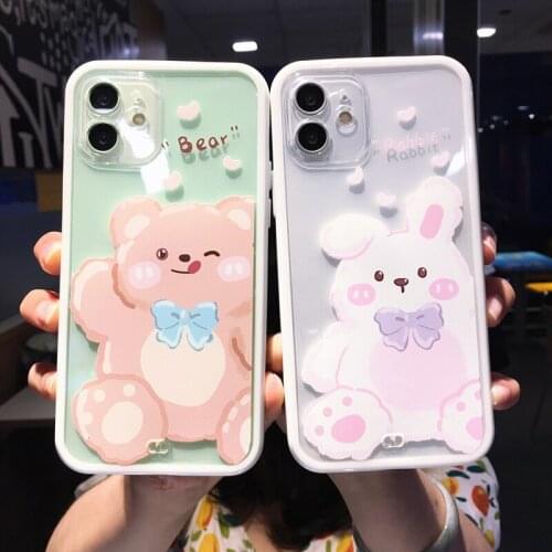 Cute Cartoon Bear Rabbit Clear Phone Case For iPhone 12 Pro MAX 11 X XS XR 7 8 Plus SE2020 Transparent Soft TPU Shockproof Cover