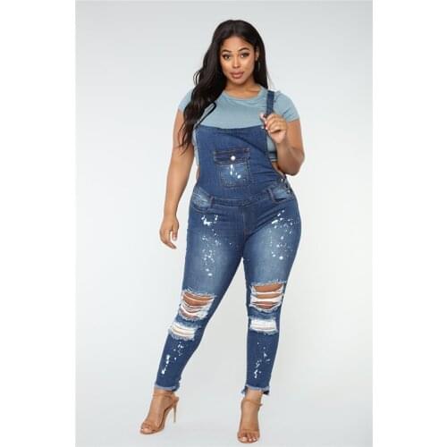 Plus Size Stretch Ripped Denim Jumpsuit Vintage Worn Hole Tassel Women Jeans Overalls Casual Skinny Slim Pockets Pencil Jumpsuit