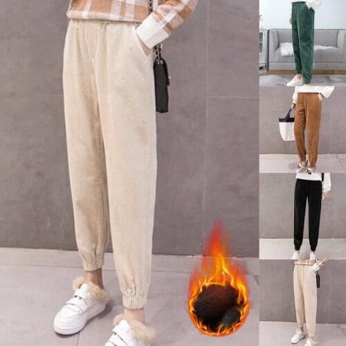 2021 Elastic High Waist Harem Pants Fleece Trousers Winter Women Casual Corduroy Warm Pants Warm Thick Plush Female Long Pants