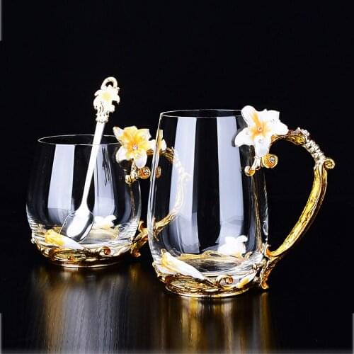 Vintage Diamond Glass Cups Flower Enamels coffee mug wedding glasses beer steins