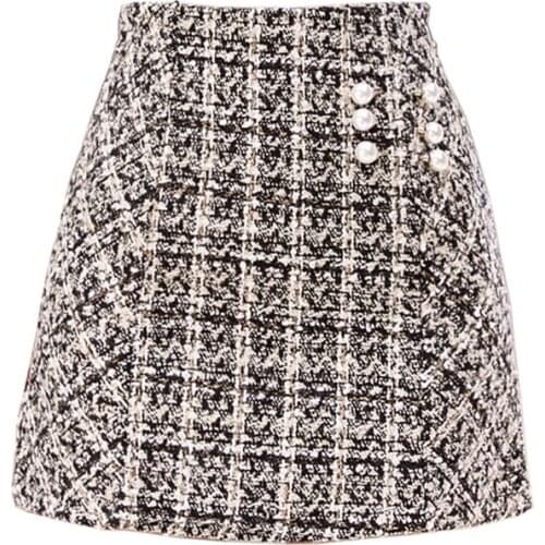 PERHAPS U Sexy Women High Waist Pencil Streetwear Fashion Casual Min Skirts Tweed Beading Pearl Zipper Short S0104