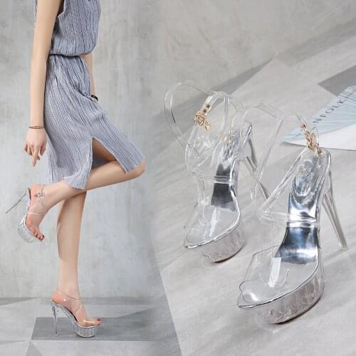 Shoes Woman 2018 Summer Sexy 14CM Super-high Heels Crystal Transparent Sandals Cross-Strap Large Size Shoes Catwalk Show Shoes