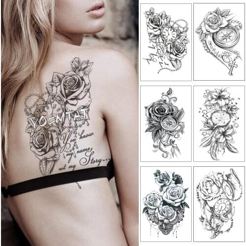 Heart Rose Text Clock Pearl Waterproof Temporary Tattoo Sticker Black Arm Back Flowers Big Tatto Body Art Fake Tatoo For Women