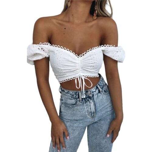 2021 Fashion Trend Womens Off Shoulder Tops Hollow Out Lace Up Chest Vest Elastic Back Short Garment V Neck Summer T-shirts Tee