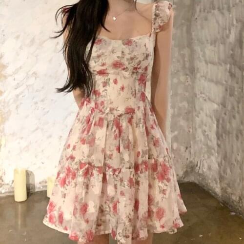 To Ceiling Floral Dress Female 2021 Summer New Style Chiffon Waist Flying Sleeves Sweet High Loin Square Collar A-line Skirt