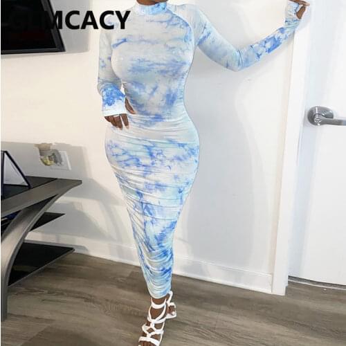 Women Gradient Color Tie Dye Printed Long Sleeve with Gloves Bodycon Dress Pleated Maxi Plus Size Dresses