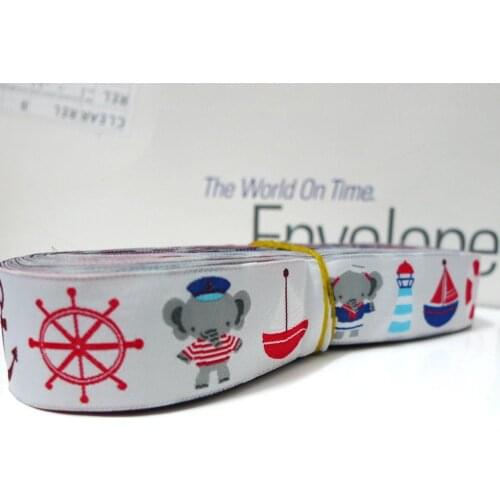 7/8'' 22mm Wide Sailor Elephants Anchor Boats Light Grey Tone Woven Jacquard Ribbon Free Shipping DHL Express