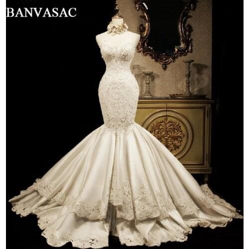 BANVASAC Vintage Strapless Crystals Mermaid 2018 Wedding Dresses Real Photos Embroidery Sweep Train Plus Size Bridal Gowns