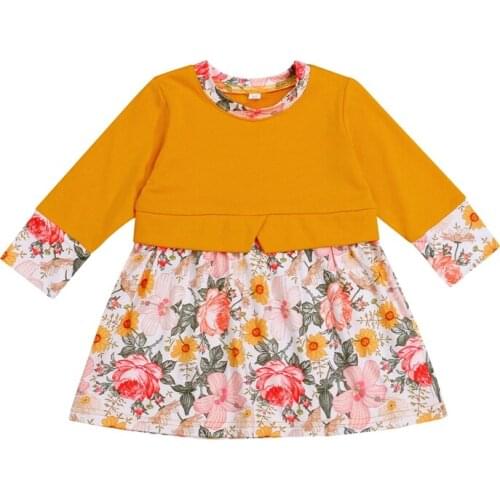 6 Months-4 Years Kids Dress Girls Flower Print Round Neck Long Sleeve Stitching for Summer Fall Yellow