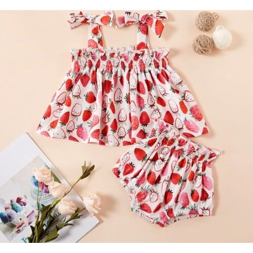 Baby Girls Summer Two Piece Set Sweet Strawberry or Flower Lace-up Suspender Top and Elastic Waist Short Pants 0-3Y