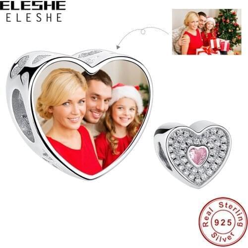 Customized Heart Bead with Crystal 925 Sterling Silver Custom Photo Charm Fit Original Bracelet & Bangle DIY Jewelry Unique Gift