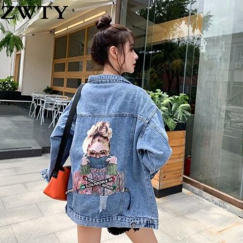 ZWTY Womens Denim Jacket Jeans Coat Print Chic Harajuku Frayed Beaded Short Coat Casual Loose 2021 New Spring Autumn Ladies Jac