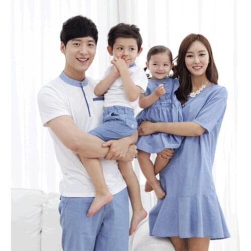 Summer Family Matching Outfits Mother Daughter Long Blue Dress Clothing Father Son Boys Short White T-shirt Vacation Clothes B36