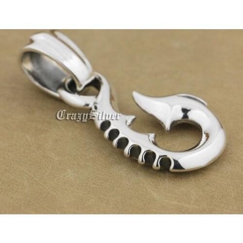 LINSION Fish Hook 925 Sterling Silver Mens Biker Rocker Punk Pendant 9V008