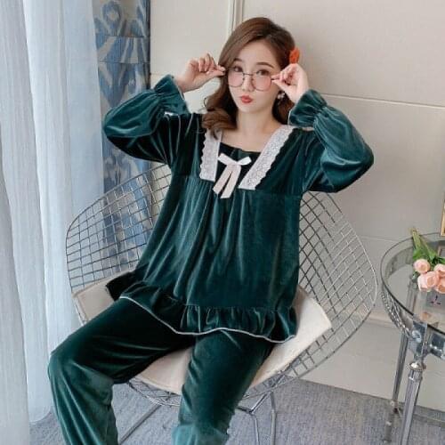 Cute Velour Ladies Pajamas Suit Soft Sleepwear 2021S pring New 2PCS Sleep Set Shirt&pants Autumn Home Clothes Sweet Nightwear
