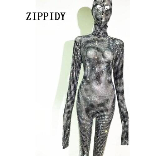 Fashion Full Glisten Rhinestones Mask Headpiece Jumpsuit long Sleeves Performance Party luxurious Costume Bodysuit Outfit