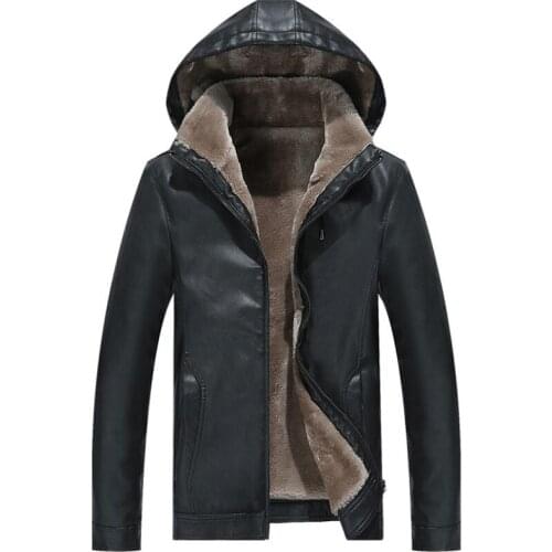 Leather Jacket Men Fur Warm Motorcycle Leather Jackets Mens Winter Windbreaker Thicken Fleece Hooded Coat Outerwear Clothes