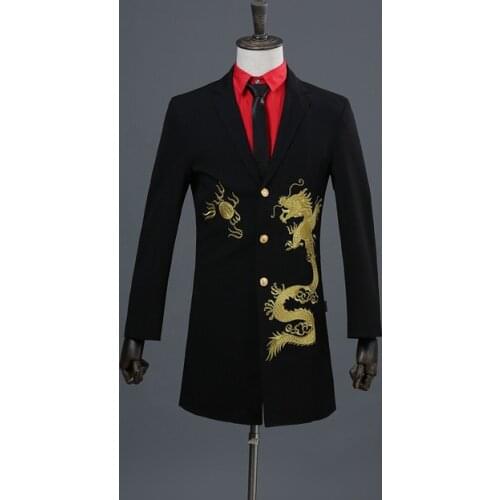 2018 Men Long Setion Gold Dragon Embroidery Suit Jacket Night Club Bar DJ Stage Singer Groom Groomsman Wedding Blazer Design