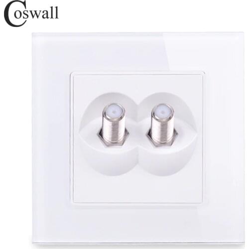 Coswall Tempered Crystal Glass Panel Double Satellite Outlet Wall Socket Black White Gold Grey C1 Series
