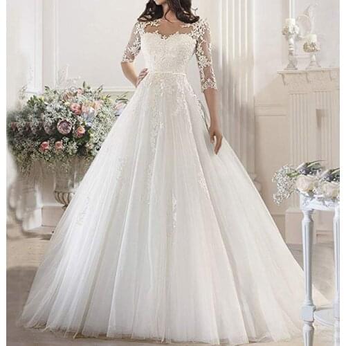 2020 New Delicate Shiny Lace Applique Beading O-Neck Wedding Dress Half Sleeves Lace Up Puffy Ball Gown Wedding Dresses