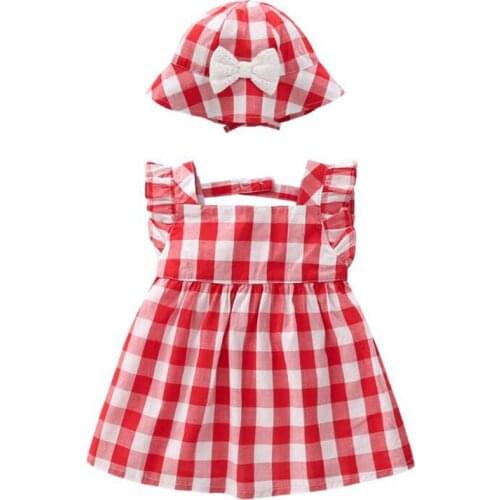 New 2021 Summer Baby Girls Sleeveless Grid Dresses Children + Hat Kids Girl Princess Dress Clothing Kids Girls Party Dress