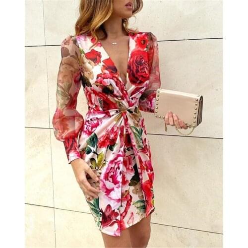 Sexy print dress Fashion Elegant Women V neck Slim Dress Women Summer Autumn Long Sleeve Midi Dress Floral Pattern