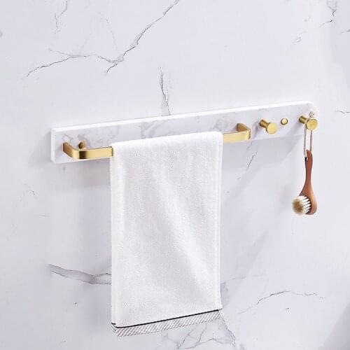 Towel Hanger with Hooks Wall Mounted 50cm Gold Alumimum and Marble Towel Rack Bathroom Towel Bar Rail Towel Holder