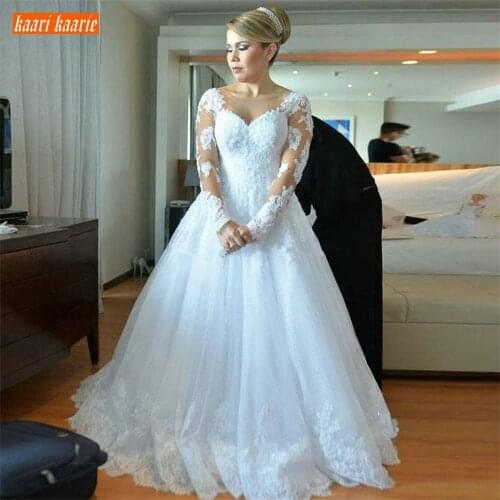 Luxury Custom Made White Wedding Gowns Long Sleeve Lace Applique Tulle A Line Wedding Dress Sexy Illusion Princess Bride Dresses