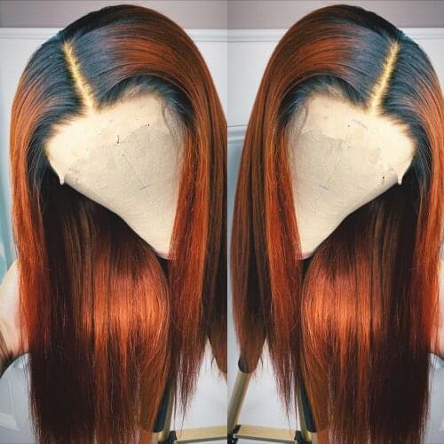 Heat Resistant Hair Ombre Orange Red Synthetic Lace Front Wig For Black Women Middle Part Hand Tied Long Silky Straight Lace Wig