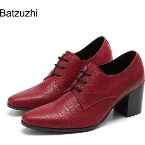 Batzuzhi Shoes Men 7.5cm High Heels Pointed Toe Brown Genuine Leather Dress Shoes Men Lace-up Fashion Party Shoes Zapatos Hombre