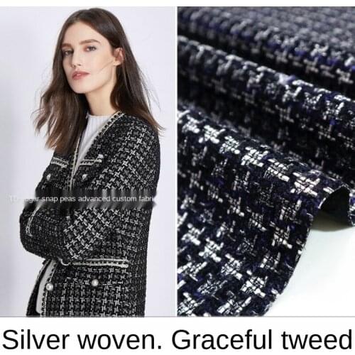Wool houndstooth silver silk woven blended tweed suit jacket fashion fabric, sewing fabric factory shop is not out of stock