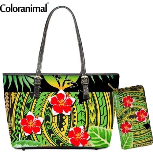 Coloranimal Ehthic Style Women PU Crossbody Bag African Polynesian Plumeria Pattern 2Pcs/Set Shoulder Bag&Purse for Lady Tote