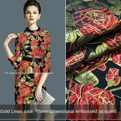 Ladies gold silk rose three-dimensional embossed yarn-dyed jacquard fabric, sewing fabric factory shop is not out of stock